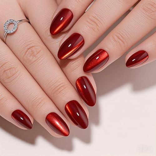 DMQ Red Cat Eye False Nails, 32Pcs Burgundy Glitter Press on Nails Short, Almond Wine Red Shimmer Fake Nails, Full Cover Glossy Stick on Nails with Glue for Women Girls DIY Nail Art Gifts - Image 2