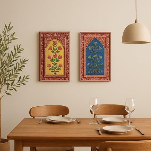 Image of SHREE 'O' GREEN TECH Set Of 2 Handcrafted Wooden Unique Jharokha Wall Hanging Multicolor Rajasthani Window Frame for Home, Living Room, Bedroom & Office Decor (9x15 Inch)