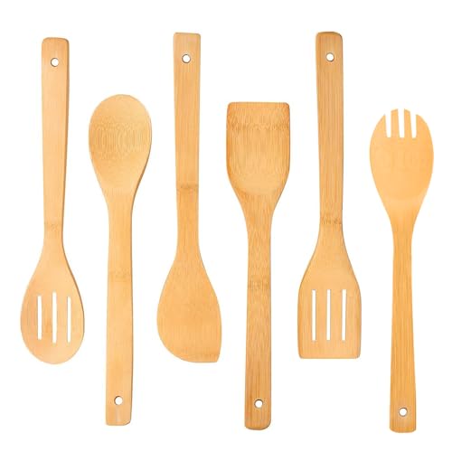 ASIRYVA 6 Pcs Bamboo Wooden Utensils, Resistant & Stylish Wooden ...