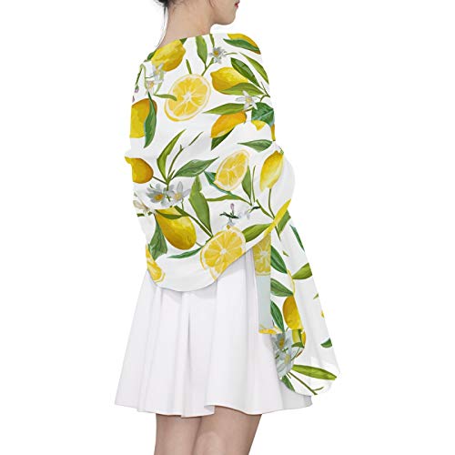 Yellow Lemon Fruits With Green Leaves White Flowers Women Long Silk Scarf, Shawl Chiffon Large Stole Headscarf, Lightweight Sunscreen Satin Scarves Wraps for Wedding Party Gift4