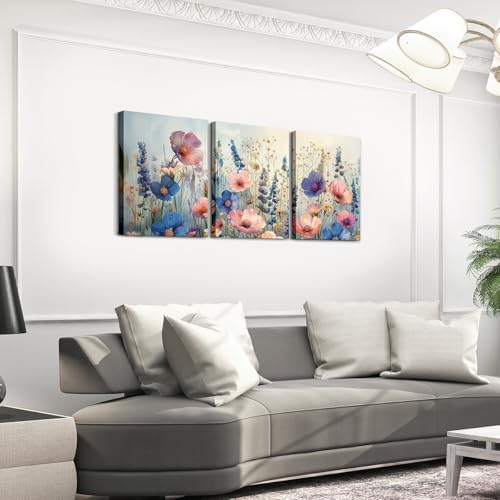 Décoration murale fleurs sauvages aquarelles triptyque tableau salon et chambre enfant