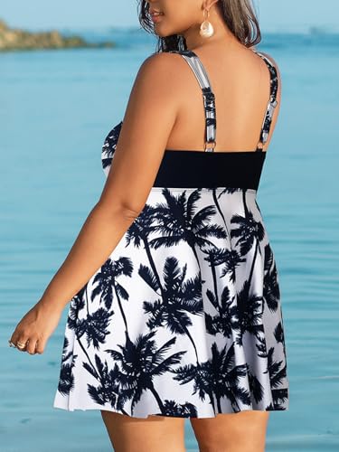 Women's Plus Size Two Piece Tankini Swimdress with Shorts Wide Strap V Neck Bathing Suit Dress3