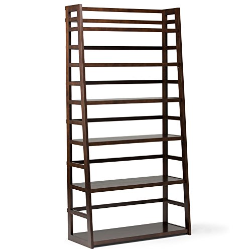 Image of SIMPLIHOME Acadian SOLID WOOD 72 inch x 36 inch Transitional Wide Ladder Shelf Bookcase in Brunette Brown for the Living Room, Study Room and Office