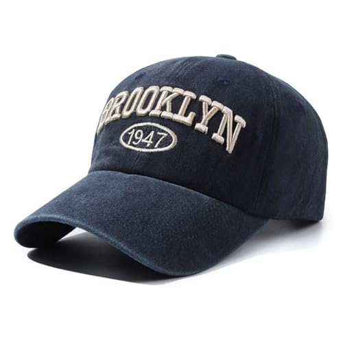 Tefelory Brooklyn Hat for Men and Women Washed Cotton Adjustable Embroidery Baseball Cap Navy Blue