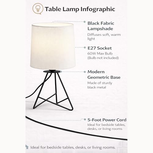Image of Modern Black Tripod Table Lamp with Taper Fabric Shade | Metal Base Bedside Lamp for Bedroom, Living Room, Study, Office & Nightstand | Decorative Table Light (White)