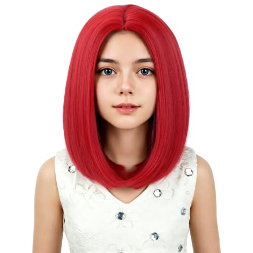 Kid Red Wig Girls Red Bob Short Straight Wig Middle Part for Kids Children Synthetic Halloween Cosplay Costume Party Wigs with Wig Cap