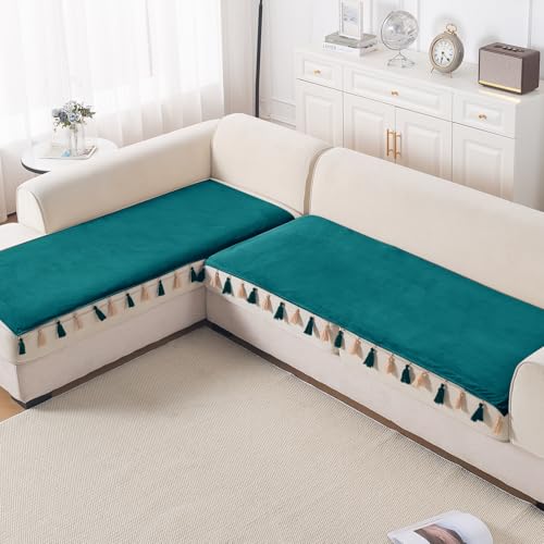 Image of HOKIPO Tassel Tone Holland Velvet Sofa Cover L Shape 4 Seater Mat, Teal
