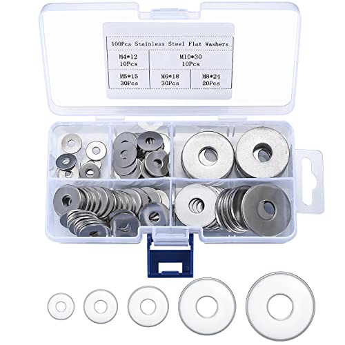 Aoyfuwell100 Stück Unterlegscheiben Set, Beilagscheiben flache rundes, M4/M5/M6/M8/M10 Unterlegscheiben Edelstahl für Schrauben, Bolzen, Heimdekoration, allgemeine Reparatur