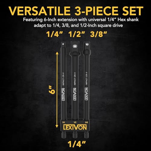 Image of LEXIVON 9-Piece Impact Grade Socket Adapter Set - 3 inch, 6 inch, and 12 inch Extension Bit With Holder | 1 /4 inch, 3 /8 inch, and 1 /2 inch Drive, Adapt Your Power Drill To High Torque Impact Wrench (LX-106)