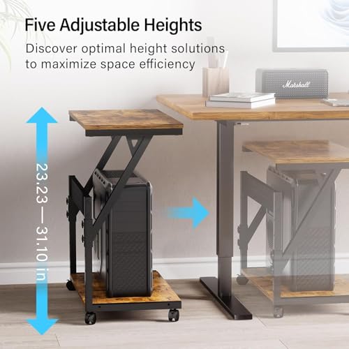 Image of 21562 Computer Tower Cart - Height Adjustable PC Stand, 2-Tier CPU Holder Home Office Gaming Desk Accessories Rolling Lockable Wheels, Laptop Table Standing Computer Desk, Rustic Brown