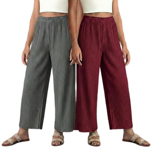Image of Set of Combo Trouser and Pants for Girls and Women's Relaxed Fit Stretchable Regular Fit Palazzos Lightweight Elastic Waistband Bottoms for Daliy Office & Casual Wear