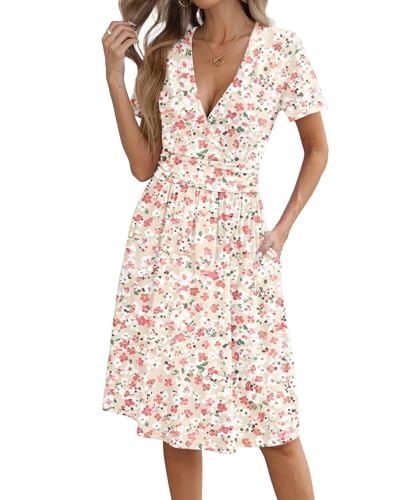 Image of KUOTAI Women's Summer Short Sleeve Casual Dresses Wrap V Neck Beach Outfits Party Flowy Dress with Pockets, Pink White Flo, XX-Large