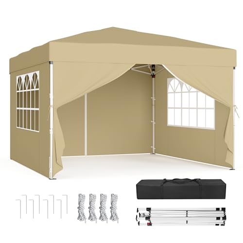 SONGMICS Tonnelle, Chapiteau Pliable, Protection Solaire, Résistante aux Petites Pluies, Portable, avec Parois Latérales, pour Cour, Jardin, Marché, 3 x 3 m, Beige...