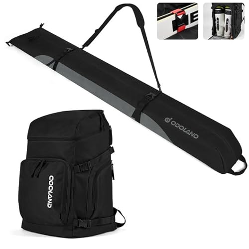 Odoland Ski Bag & 55L Boot Backpack Combo, Padded Snowboard Bags & Ski Boot Bag for Air Travel, Waterproof Snow Ski Bags Fit Skis Up to 200cm for Stor