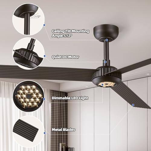 Image of TALOYA Premium Ceiling Fans with Lights,Metal Body,Glimmering Mocha Finish,Dimmable, Noiseless, Reversible DC Motor,Remote Control,6-Speed