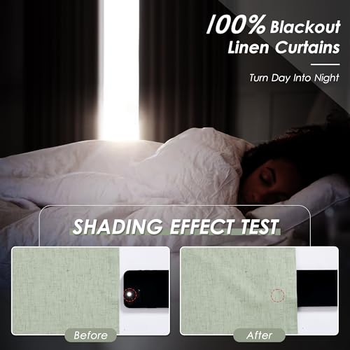 Image of Nanspring Light Sage 100% Blackout Linen Curtains 84 Inch Length 2 Panels Set for Bedroom Back Tab Modern Farmhouse Decor Black Out Curtain for Living Room Office Thermal Insulated Drapes 52x84