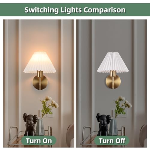 Image of Brushed Brass Wall Sconces Sets of 2 With White Pleated lampshade, Indoor Gooseneck Gold Wall Lamp Lighting, Bathroom Dresser Hardwired sconces wall decor Fixture for Living Room Bedroom Dining Room