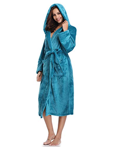 Vlazom Women Fleece Hooded Bathrobe, Soft Fluffy Shawl Collar Robes - Warm Plush Long Robe #TOP2