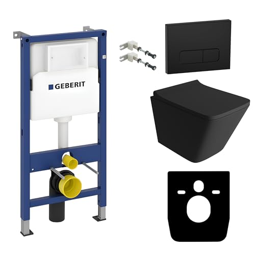 Lavita Geberit Duofix Basic Ensemble WC avec élément de fixation + évier mural Lago noir sans bord + siège de WC + panneau de commande Delta 25 bouton noir...