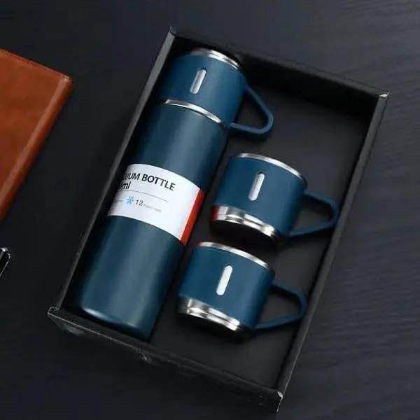 Image of Double Wall Stainless Steel Thermo 500ml Vacuum Insulated Bottle Water Flask Gift Set with Two Cups Hot & Cold Diwali Gifts for Employees Corporate Gift Items (Blue*)(Multi Colour)