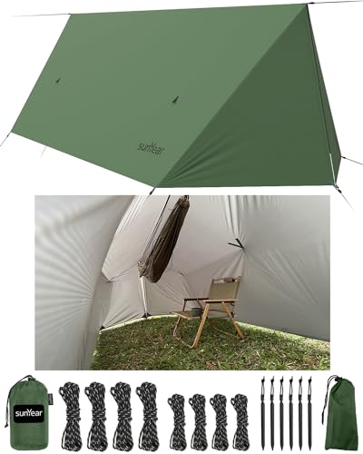Sunyear Hammock Rain Fly Waterproof - Premium Hammock Tarp with Doors to Stay Warm and Dry in All Seasons | Portable and Lightweight Camp Rain Fly with All Installations Included | 11 Ft / 2lbs
