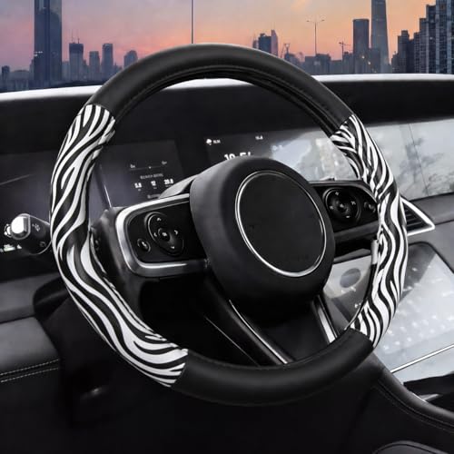 Image of AUTOFAN Zebra Print Car Seat Covers Full Set, PU Leather Interior Combo with 2 Front Seat Covers, 4 Floor Mats, Steering Wheel Cover, Seat Belt Pads & Cup Holder Coasters, Universal Fit