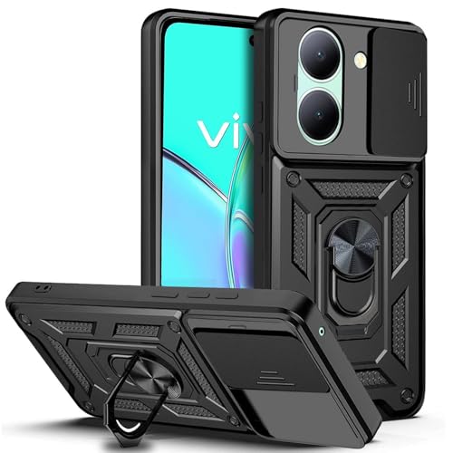 Image of AESTMO Tough Armor Vivo Y36 Bumper Back Case Cover | Ring Holder & Sliding Camera Shield Cover | 360 Degree Protection Back Case Cover for Vivo Y36 (Black)