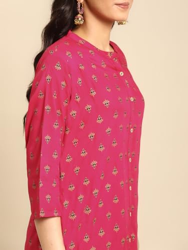 Image of rangita Pink Rayon Calf Length Printed A-line Kurti for Women | Kurta for Women