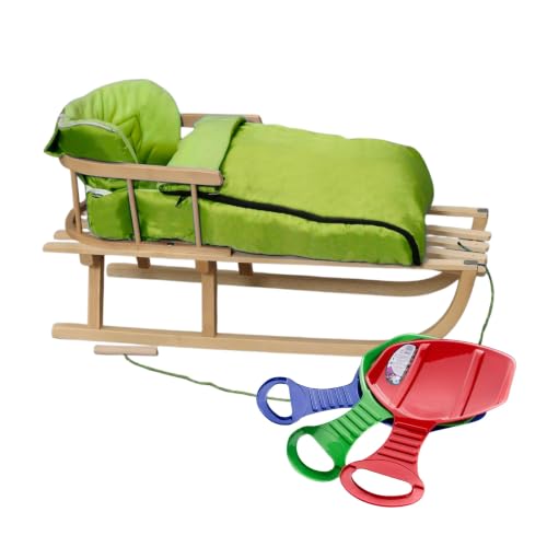 BirnePower Holzschlitten 90cm mit Rückenlehne und Winterfußsack 90cm in Grün Komplettset inkl. Zugseil & Gurt Rodelschlitten aus Buchenholz (Grün 90cm)