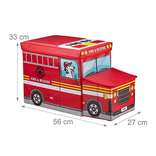Relaxdays Sitzbox Kinder, Staubox mit Deckel, Spielzeug, faltbar, Feuerwehrauto, Stauraum, Jungen & Mädchen, 50 l, rot, H x B x T: ca. 33 x 27 x 56 cm