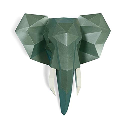 Elephant Head Paper Sculpture,Pre-cut DIY Papercraft Kit,Handmade Wide Animal,3D Paper Art,Dark Green Color,Low Poly Wall Decor,All Accessories Included,DIY Teens Gift