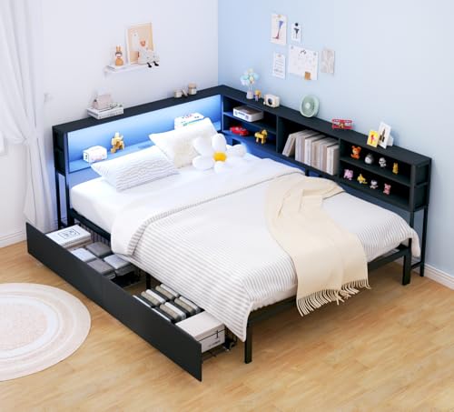 KEIKI Full Size Corner Bed Frames with Storage Drawers, Charging
