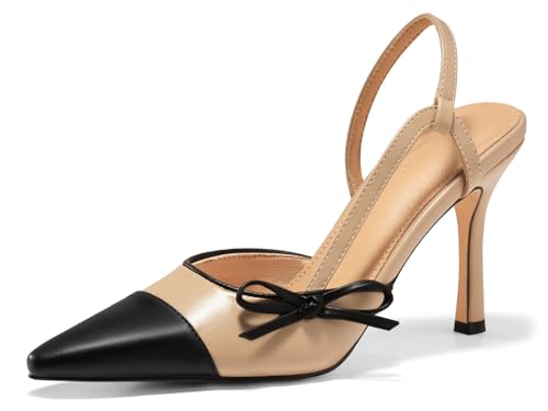 Coutgo Womens Slingback High Heels Bow Tie Closed Pointed Toe Sexy Stiletto Two Tone Dress Pumps Shoes