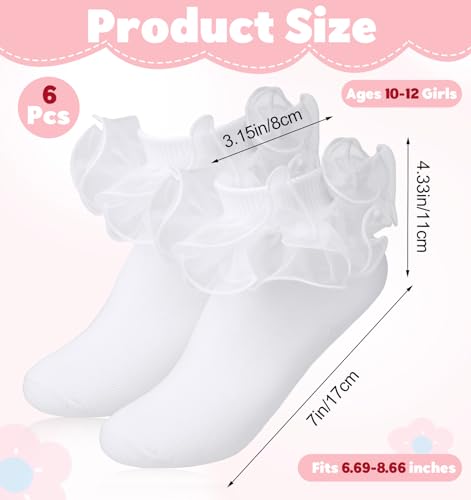 Girls White Ruffle Socks, 3 Pairs White Socks with Ruffles, Lace & Double Frilly Design, Comfortable Big Ruffle Sock for Girls Aged 10-12 (Fit 6.69-8.66 in Foot Length)3