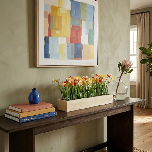 Image of Dekorly Artificial Grass Lily Arrangement with Wooden Planter (24 CM) | Premium Realistic Floral Decor for Table & Living Room | Stylish Indoor Decor for Living Room
