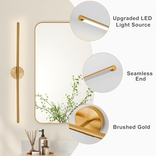 Image of Gold Bathroom Light Fixtures Over Mirror 43 Inch, 33W 360 Rotatable Dimmable 4000K Led Brass Vanity Light Bar, Brushed Gold Bathroom Vanity Lights Above Mirror
