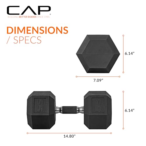 Image of CAP Rubber Coated Dumbbell Weights, Free Weights for Home Gym Strength Training, Anti-Roll Hex Dumbbells with Black, Chrome & Comfort Grip Handles, Singles