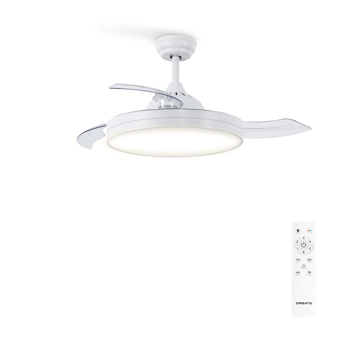 CREATE / WIND CLEAR M/Ventilador de techo con luz blanco con mando / 40W, Ø108 cm, temporizador, 6 velocidades, aspas retráctiles, 3 temperaturas de luz, función verano-invierno