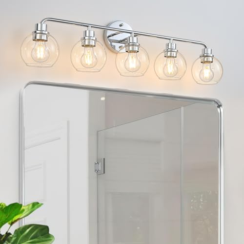 Image of Bathroom Light Fixtures Chrome Vanity Light Silver 5 Light Modern | Wall Sconces Lighting Bathroom Lights with Globe Glass Shades Bath Wall Lights for Mirror Kitchen Living Room Hallway 34.5 inch