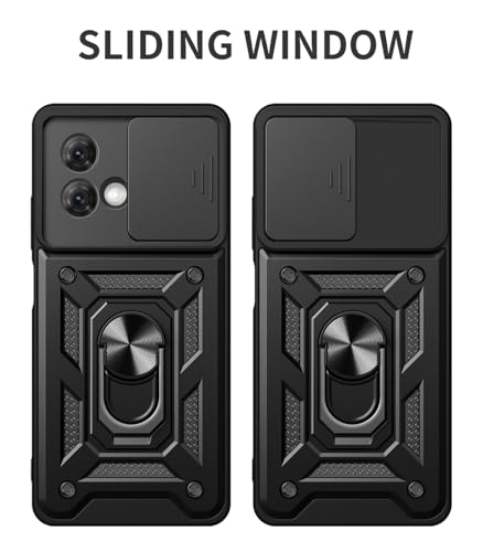 Image of Casodon Heavy Duty Back Case Cover for Moto G84 5G, Shockproof Moto G84 Back Cover, Ring Case with Kickstand and Camera Protection Shutter - Black