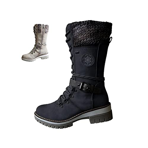 AngryMonkey Women's Winter Warm Mid-Calf Snow Boots,Knitted Suede Splicing Lace-up Non-Slip Waterproof Outdoor Casual Booties