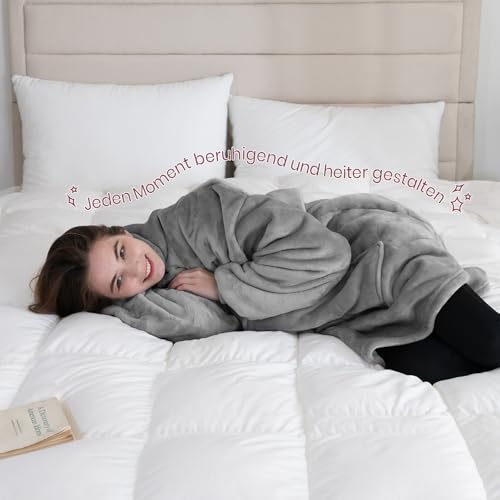 Good Nite Decke mit Ärmeln für Frauen und Männer Sherpa kuscheldecke Tragbare Decken Adult Cosy Sweater Tragbare Warm Decken Übergroßer hoodie mit Taschen Grau (80x85cm)