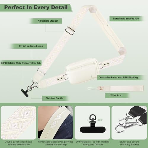 Image of YFWE Clip and Go Strap for Phone with Wallet Crossbody, Adjustable Phone Lanyard with Detachable RFID Wristlet Wallet, Pattern Strap, Cream (M)