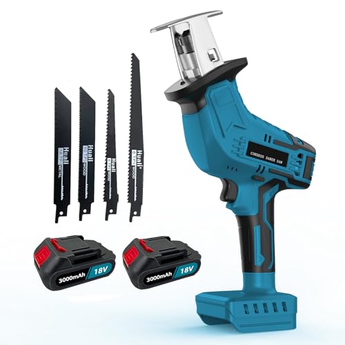 18V Akku Säbelsäge, Ersatz für Makita 18V Akku, Akku-Reciprosäge mit 2x 3000mAh Batterien, 4 Sägeblättern, 0-3000SPM Elektrische Säge, für Metall, Holz, PVC-Rohre