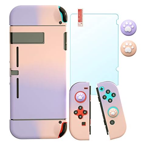 Hard Case Compatible with Nintendo Switch, Screen Protector + Thumb Grips Caps for Nintendo Switch Console Accessories - PurplePink Cover