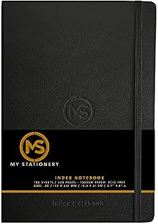 A5 Index Notebook Hardback Leatherette Cover 8mm Ruled Margin A-Z Tabs 264 Pages 100 GSM White Paper - Black Cover