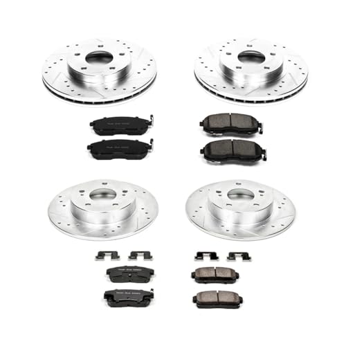 Image of PowerStop Front and Rear Brake Kit for Nissan Maxima 2001 - Drilled and Slotted Disc Rotors with Carbon-Fiber Ceramic Brake Pads Replacement, K2705