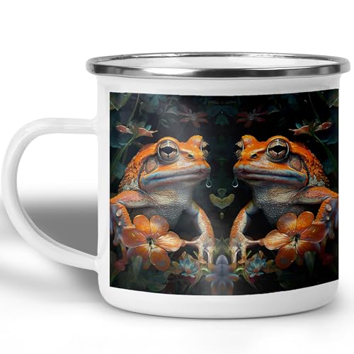 The Home Champs Orange Fantasy Frog Camping Mug, 12oz Mug Enchanted Forest Amphibian Gift for Nature Lovers, Enamel Campfire Cup for Hiking Outdoor Adventures, Botanical Jungle Art Style