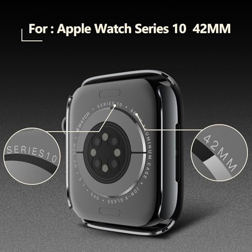 Image of VEMIGON Tempered Glass Case Compatible for Apple Watch Series 11 / Series 10 42mm, Hard PC Screen Protector Overall Protection Ultra-Thin Lightweight Scratch-Resistant Cover for iWatch, Jet Black