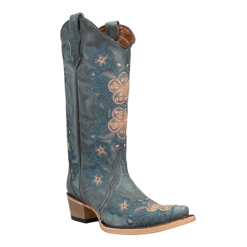 Corral Boots Womens Floral Embroidered Snip Toe Pull On Casual Boots Mid Calf Mid Heel 2-3" - Blue2
